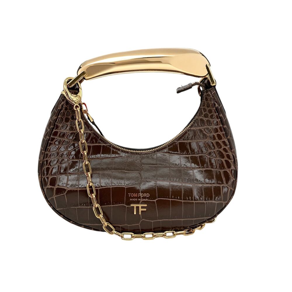 TOM FORD Calfskin Crocodile Embossed Mini Bianca Hobo Chestnut